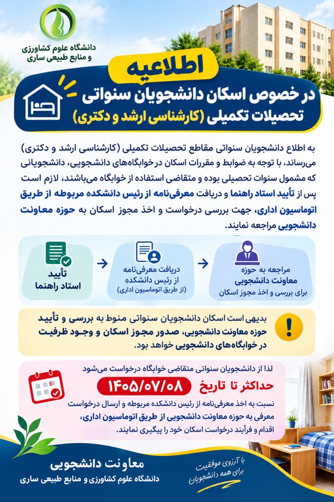 اطلاعیه اسکان دانشجویان سنواتی مهر 1405